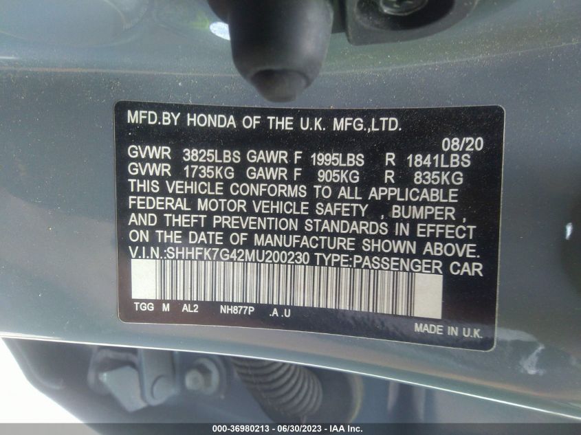 2021 HONDA CIVIC HATCHBACK SPORT - SHHFK7G42MU200230