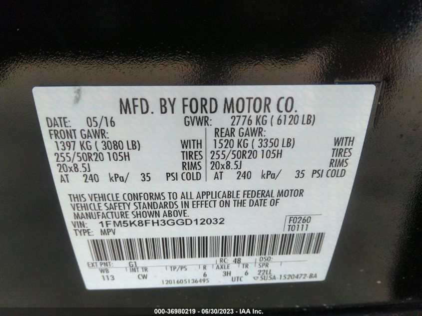 2016 FORD EXPLORER LIMITED - 1FM5K8FH3GGD12032