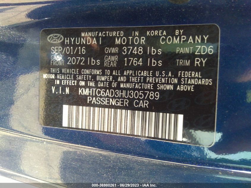 2017 HYUNDAI VELOSTER - KMHTC6AD3HU305789