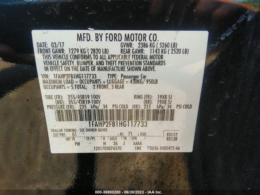 2017 FORD TAURUS LIMITED - 1FAHP2F81HG117733