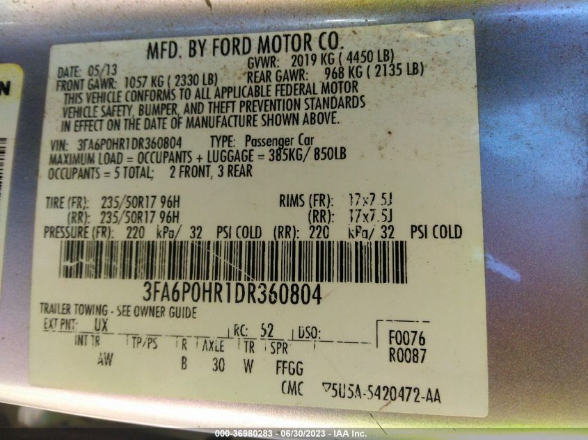 2013 FORD FUSION SE - 3FA6POHR1DR360804