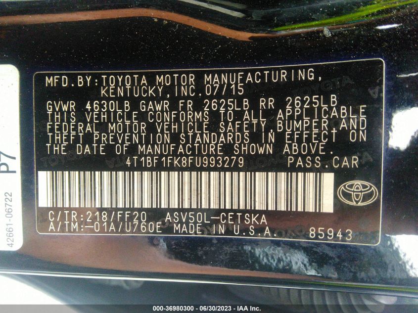 2015 TOYOTA CAMRY XLE/SE/LE/XSE - 4T1BF1FK8FU993279