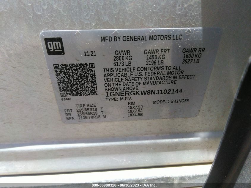 2022 CHEVROLET TRAVERSE LT CLOTH - 1GNERGKW8NJ102144