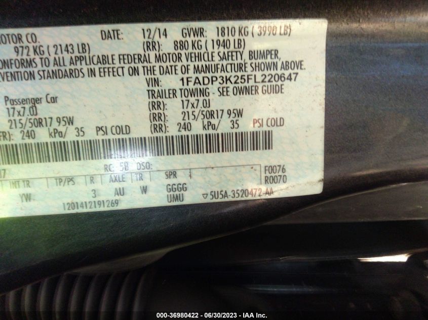 2015 FORD FOCUS SE - 1FADP3K25FL220647