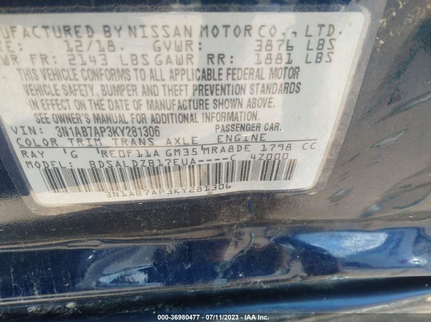 2019 NISSAN SENTRA S/SV/SR/SL - 3N1AB7AP3KY281306