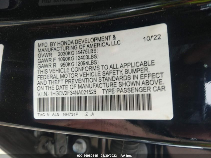 2022 HONDA ACCORD SEDAN SPORT - 1HGCV2F34NA021528
