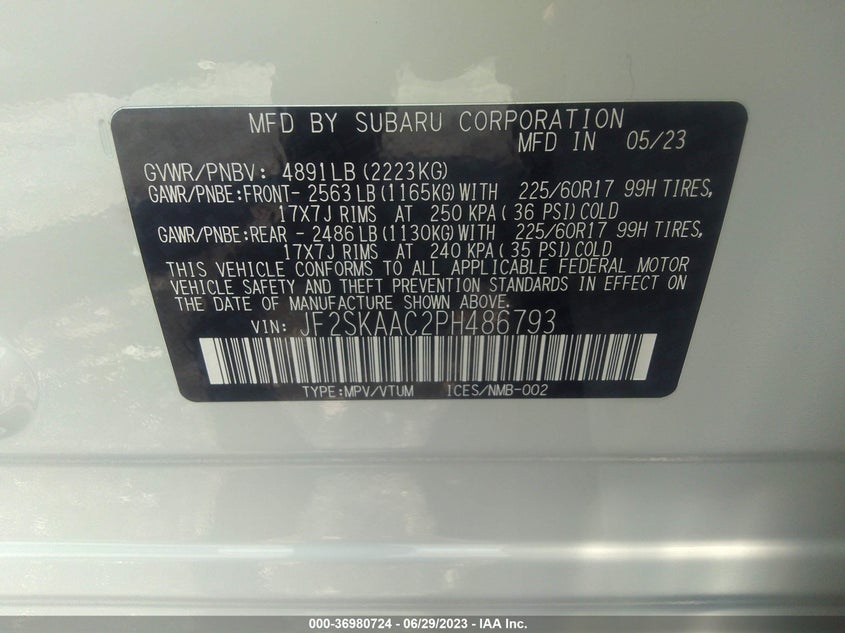 VIN JF2SKAAC2PH486793 2023 SUBARU FORESTER