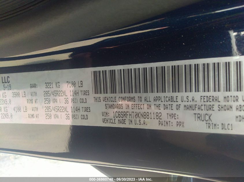 2019 RAM 1500 LIMITED - 1C6SRFHT0KN881182