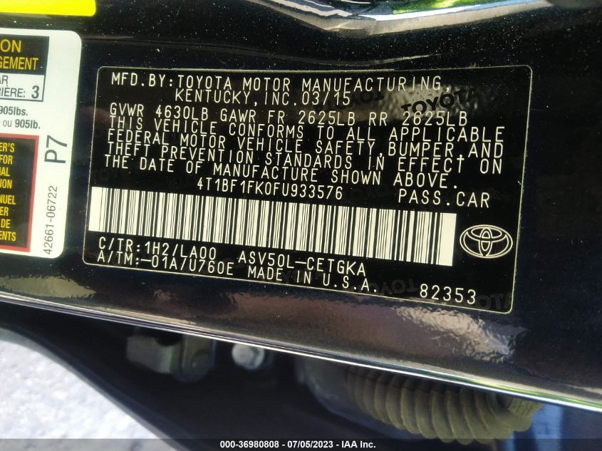 2015 TOYOTA CAMRY XLE - 4T1BF1FK0FU933576