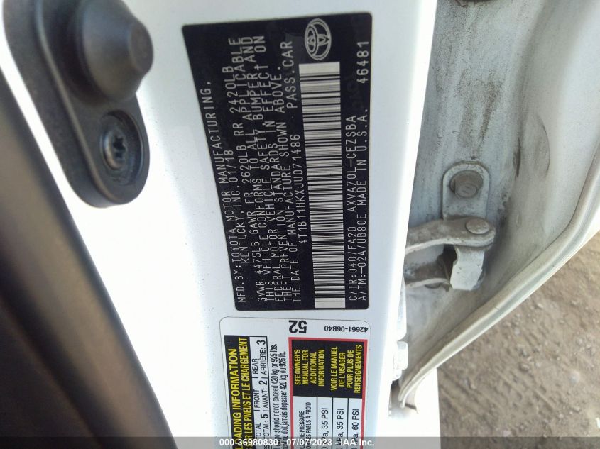 2018 TOYOTA CAMRY L/LE/XLE/SE/XSE - 4T1B11HKXJU071486