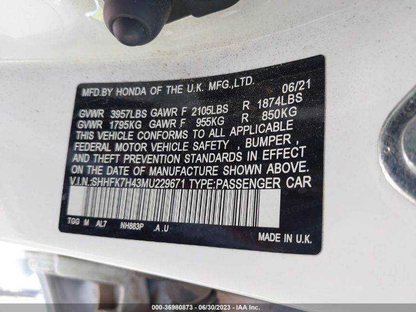 2021 HONDA CIVIC HATCHBACK SPORT - SHHFK7H43MU229671