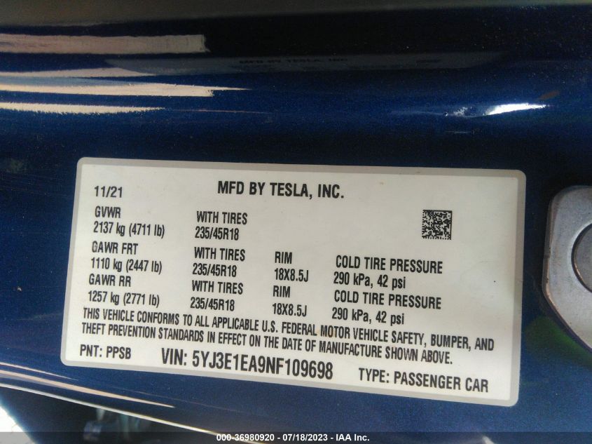 2022 TESLA MODEL 3 - 5YJ3E1EA9NF109698