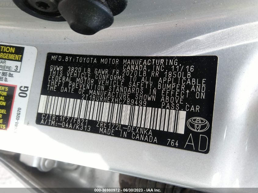 2017 TOYOTA COROLLA L/LE/XLE/SE - 2T1BURHEXHC789499