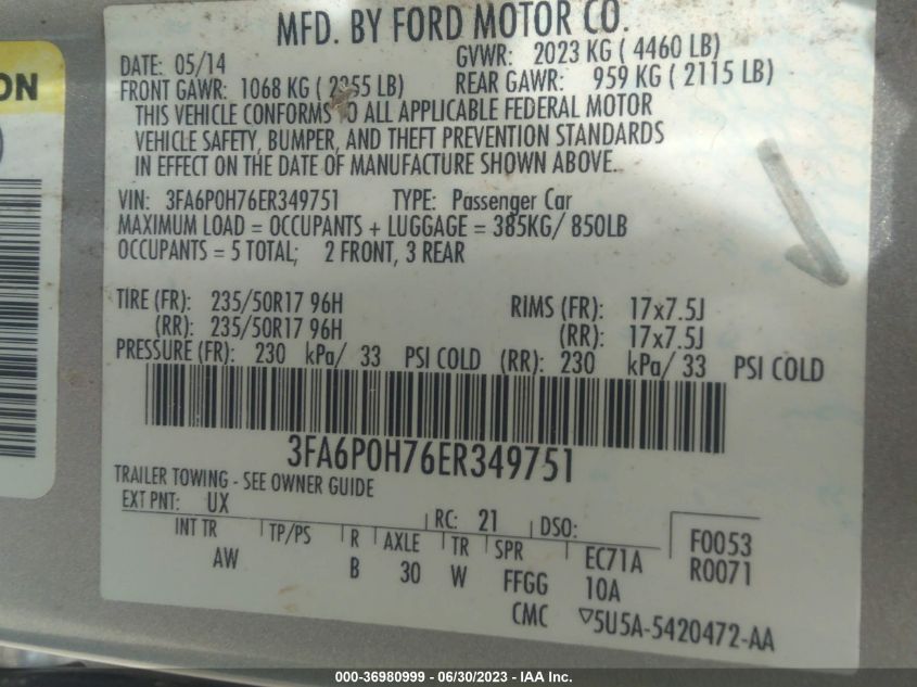 2014 FORD FUSION SE - 3FA6P0H76ER349751