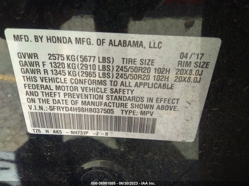 2017 ACURA MDX W/ADVANCE - 5FRYD4H98HB037505