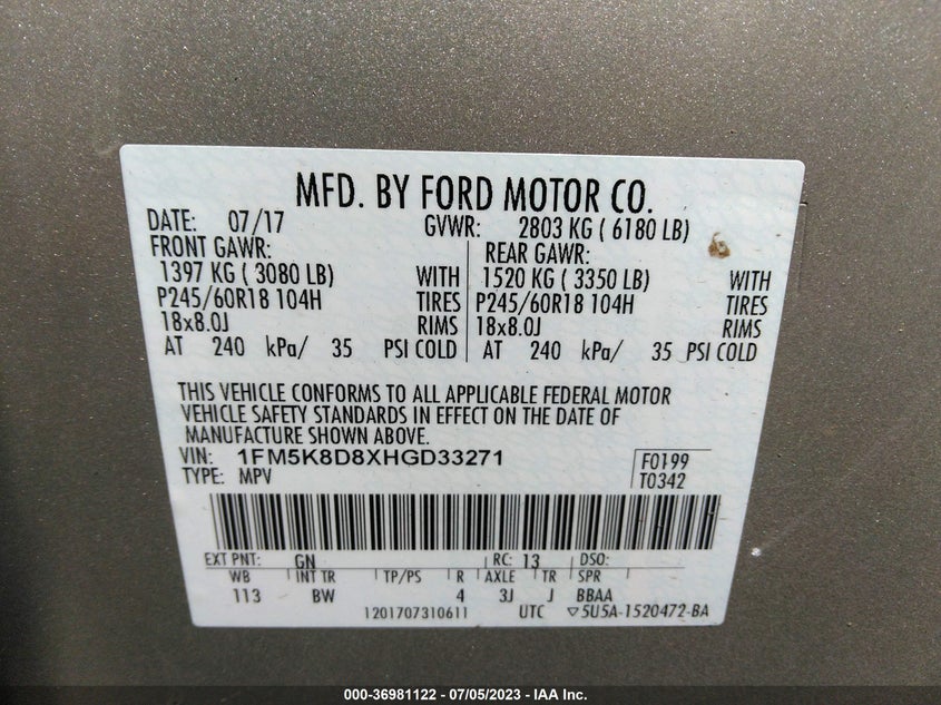 VIN 1FM5K8D8XHGD33271 2017 FORD EXPLORER XLT