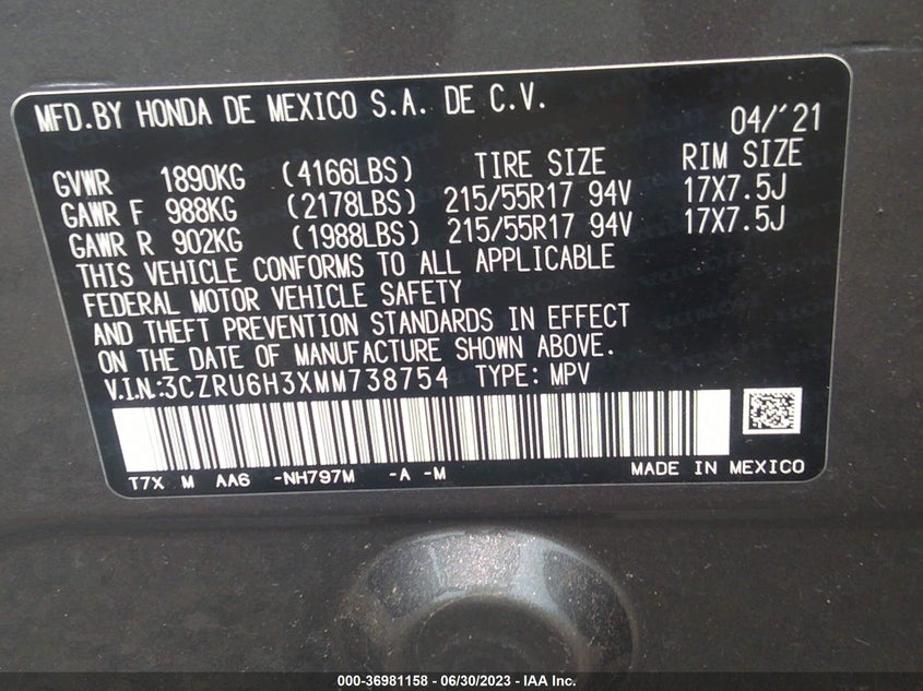 VIN 3CZRU6H3XMM738754 2021 HONDA HR-V LX