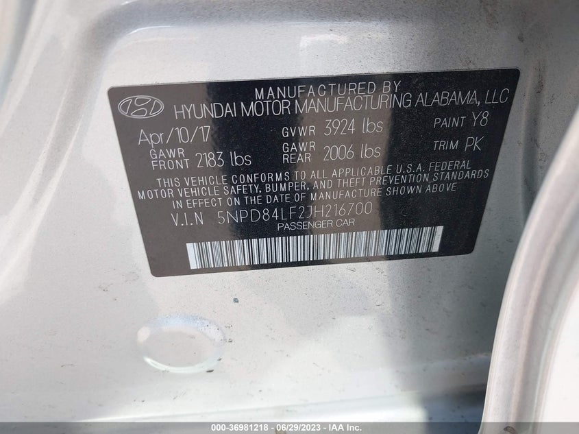 VIN 5NPD84LF2JH216700 2018 HYUNDAI ELANTRA SEL