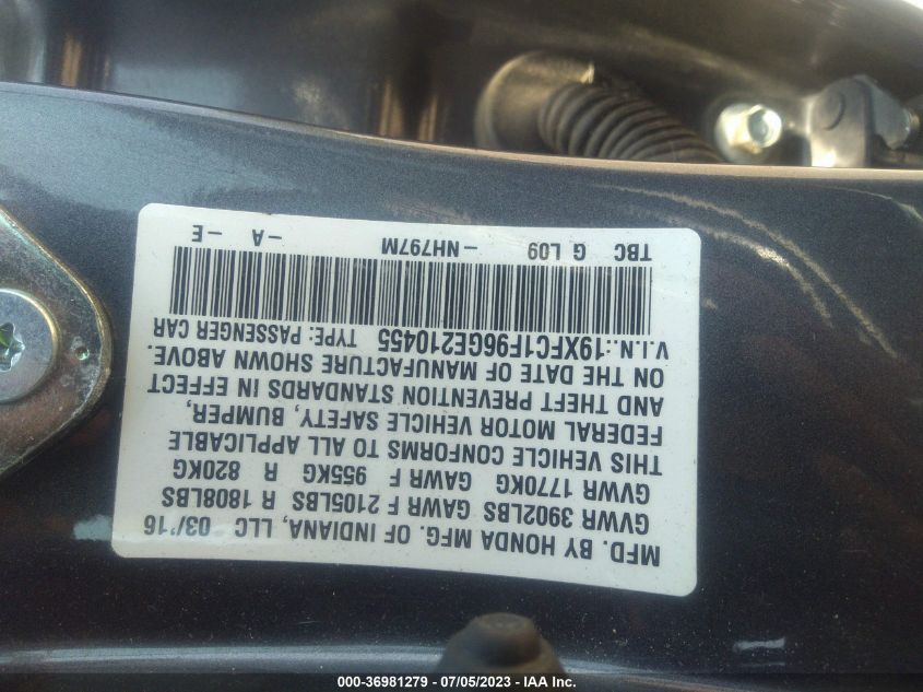 2016 HONDA CIVIC SEDAN TOURING - 19XFC1F96GE210455