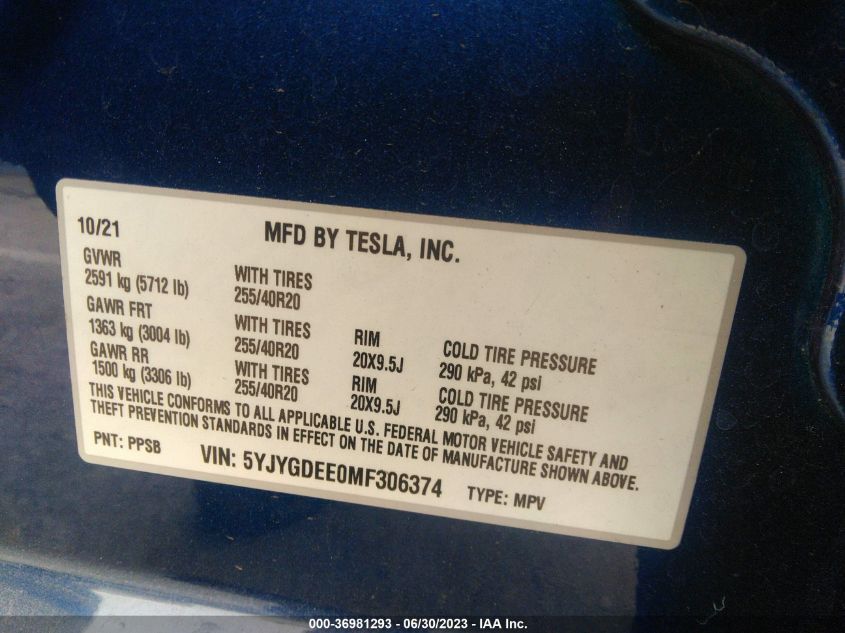 2021 TESLA MODEL Y LONG RANGE - 5YJYGDEE0MF306374