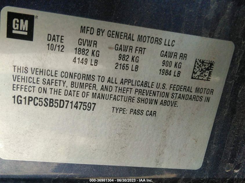 2013 CHEVROLET CRUZE LT - 1G1PC5SB5D7147597