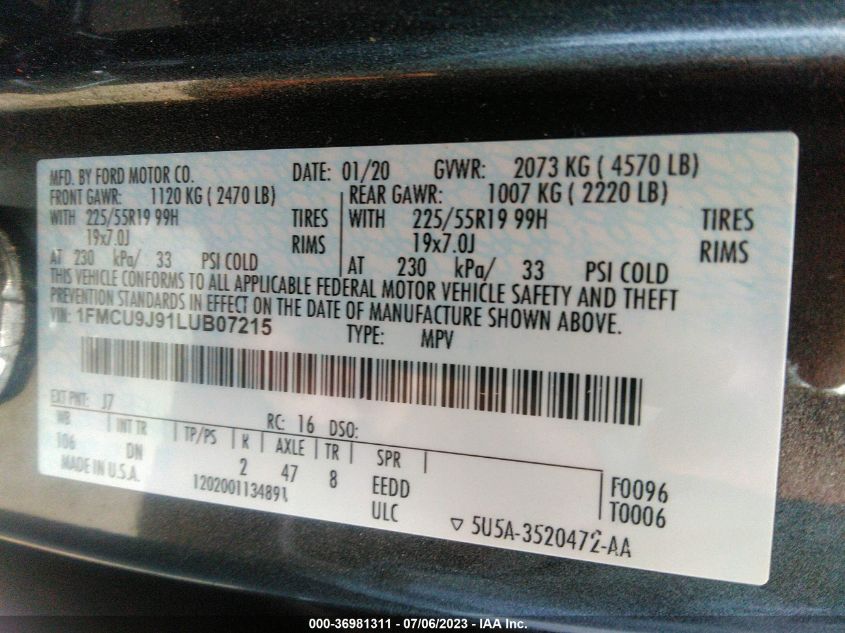 2020 FORD ESCAPE TITANIUM - 1FMCU9J91LUB07215