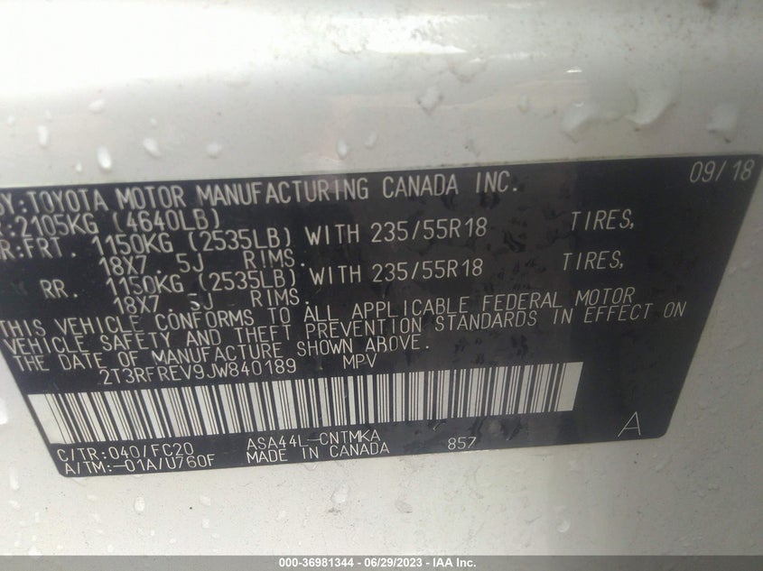 VIN 2T3RFREV9JW840189 2018 TOYOTA RAV4 XLE/ADVENTURE