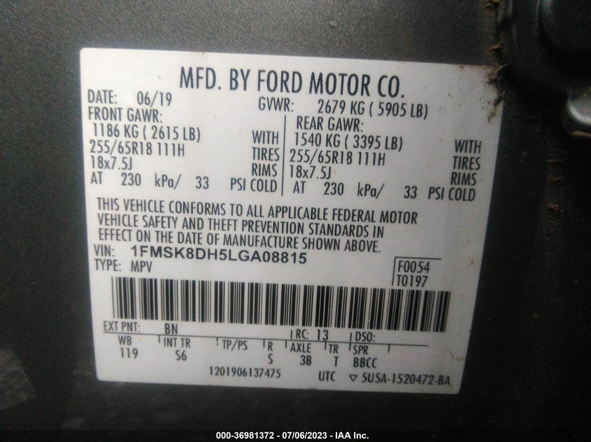 VIN 1FMSK8DH5LGA08815 2020 FORD EXPLORER XLT