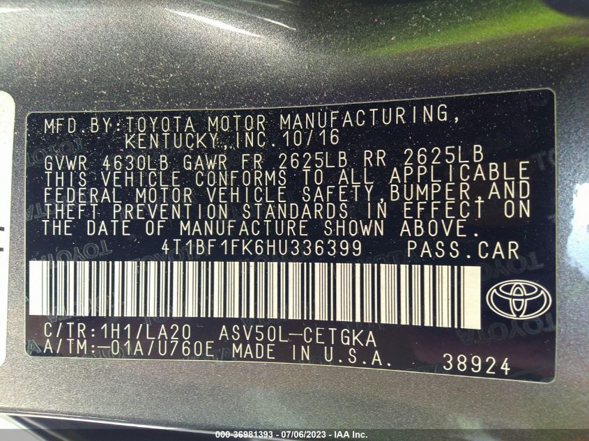 2017 TOYOTA CAMRY XLE/SE/LE/XSE - 4T1BF1FK6HU336399