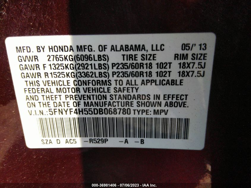 2013 HONDA PILOT EX-L - 5FNYF4H55DB068780