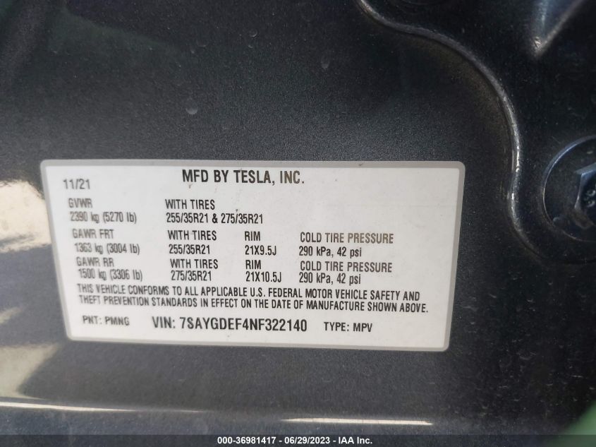 2022 TESLA MODEL Y PERFORMANCE - 7SAYGDEF4NF322140