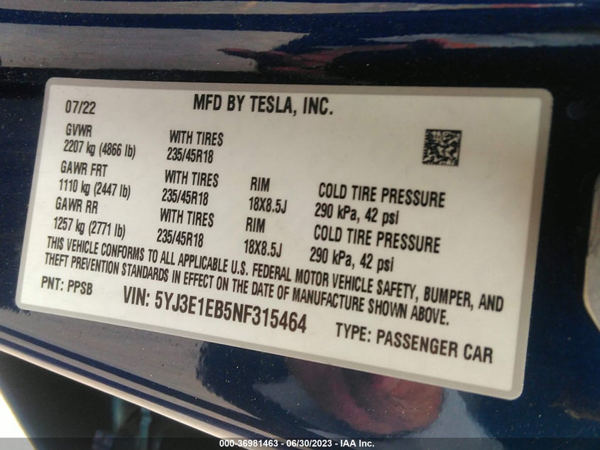 2022 TESLA MODEL 3 DUAL MOTOR FR AC IND(VIN: 5YJ3E1EB5NF315464
