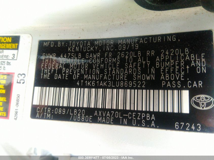 2020 TOYOTA CAMRY XSE - 4T1K61AK3LU869522