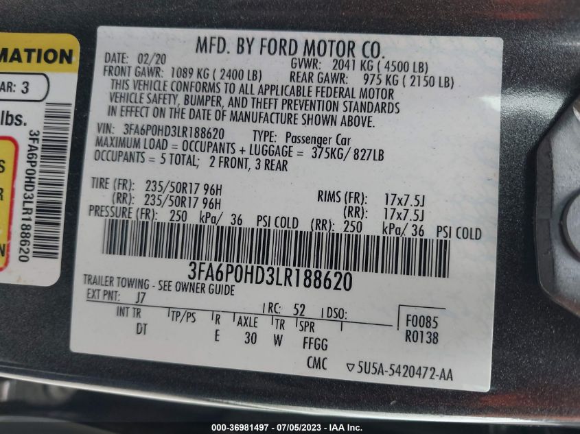 2020 FORD FUSION SE - 3FA6P0HD3LR188620