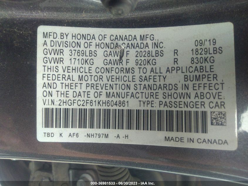 2019 HONDA CIVIC SEDAN LX - 2HGFC2F61KH604861
