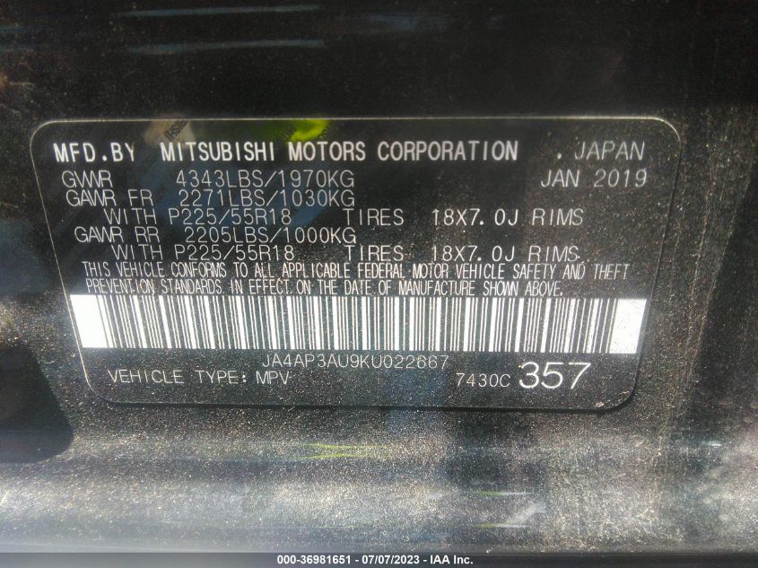 2019 MITSUBISHI OUTLANDER SPORT 2.0 - JA4AP3AU9KU022667