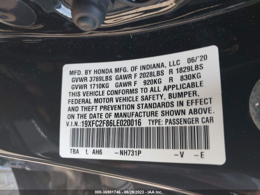 2020 HONDA CIVIC SEDAN SPORT - 19XFC2F86LE020016