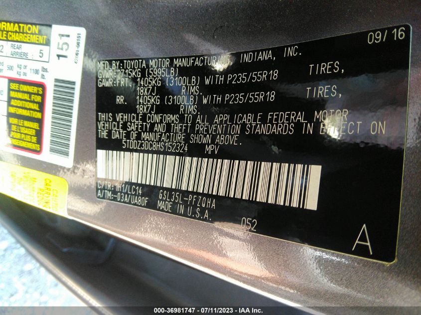 2017 TOYOTA SIENNA XLE - 5TDDZ3DC8HS152324