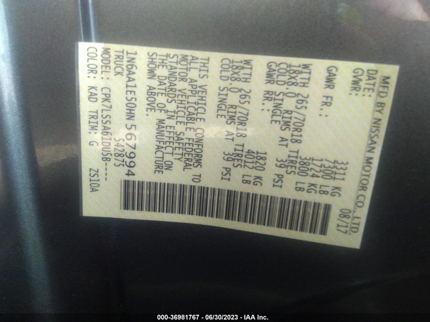 2017 NISSAN TITAN SV - 1N6AA1E50HN567994