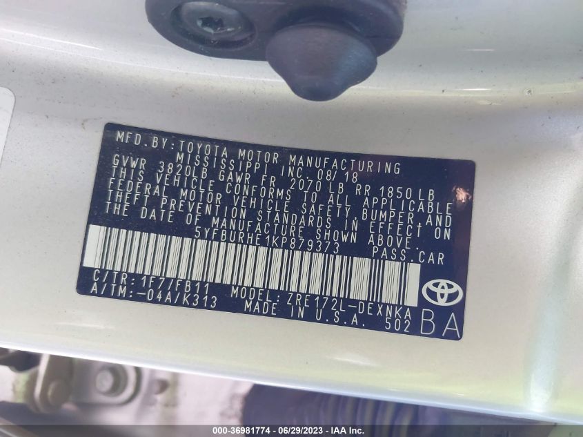 2019 TOYOTA COROLLA LE - 5YFBURHE1KP879373