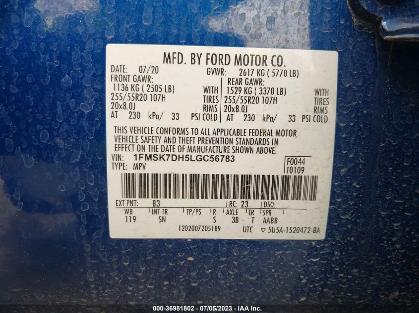 2020 FORD EXPLORER XLT - 1FMSK7DH5LGC56783