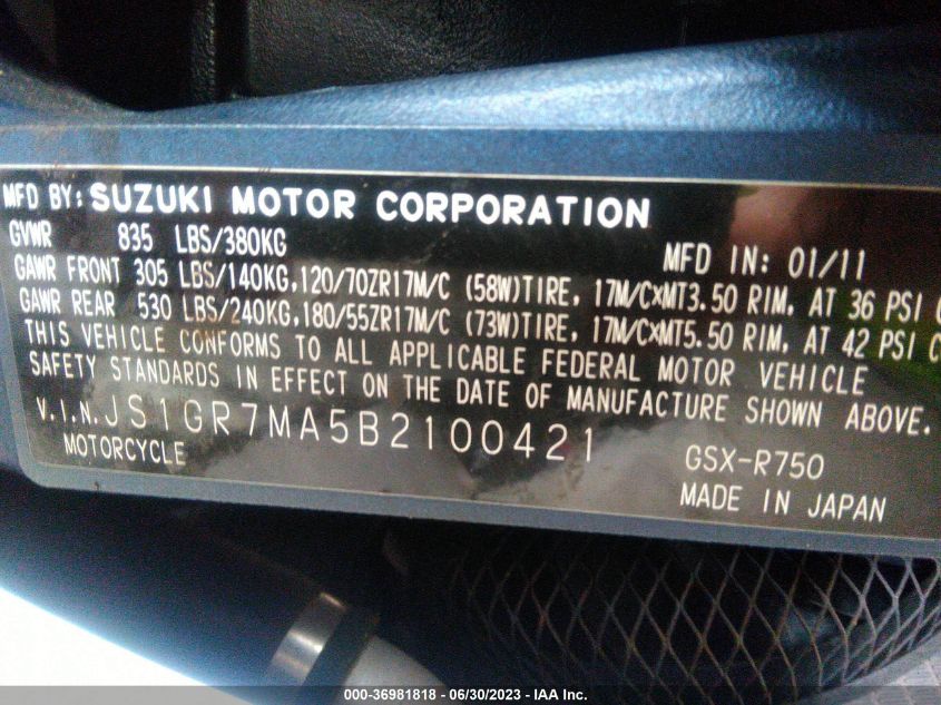 2011 SUZUKI GSX750 JS1GR7MA5B2100421
