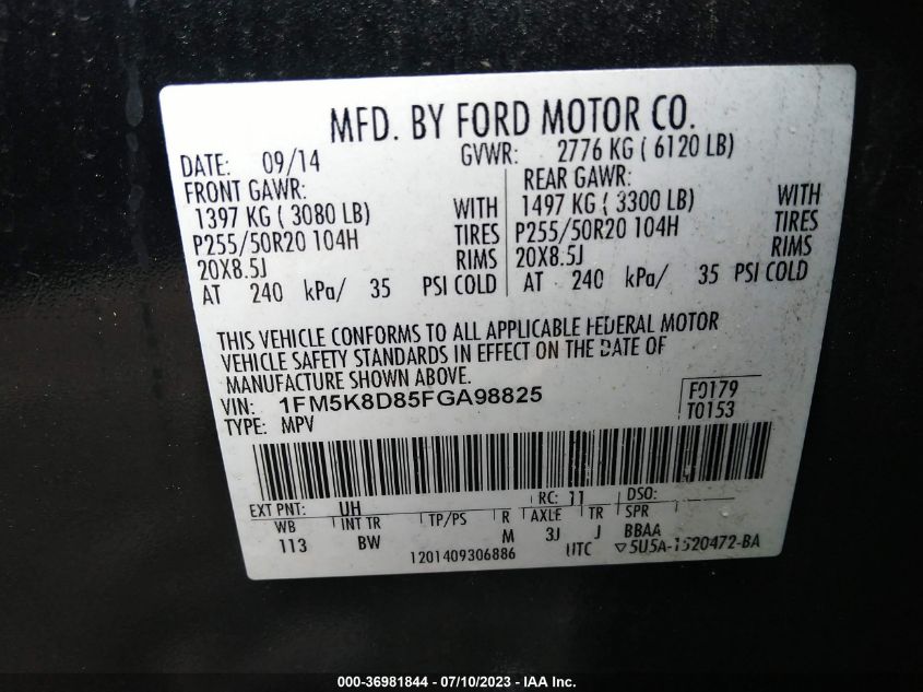 2015 FORD EXPLORER XLT - 1FM5K8D85FGA98825