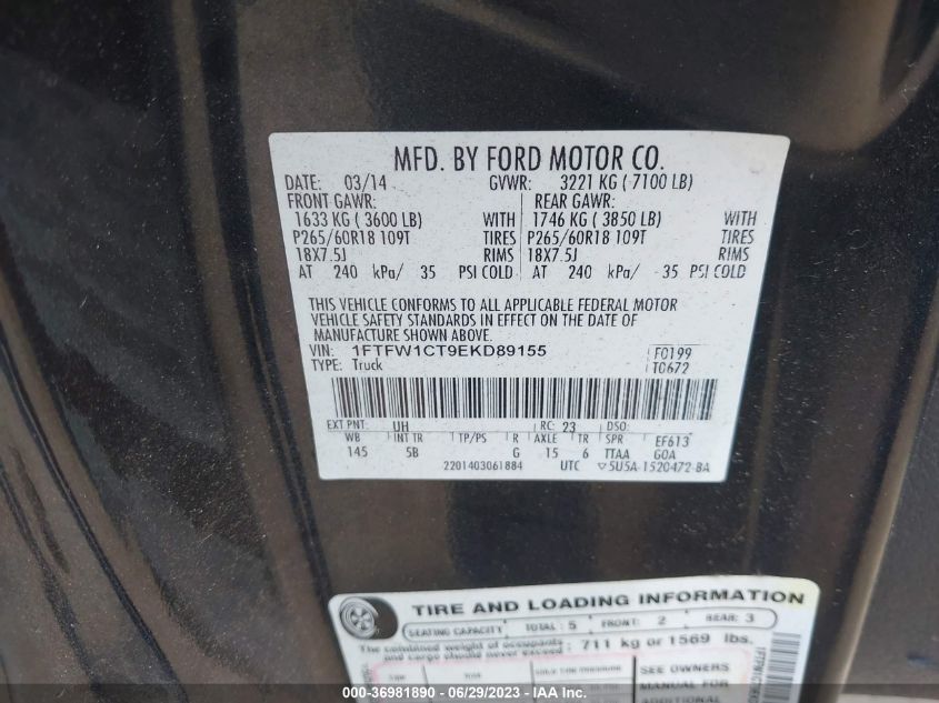 2014 FORD F-150 XL/XLT/FX2/LARIAT - 1FTFW1CT9EKD89155