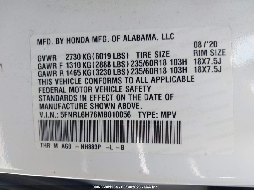 2021 HONDA ODYSSEY 3.5L V6 SOHC 24-VALV(VIN: 5FNRL6H76MB010056