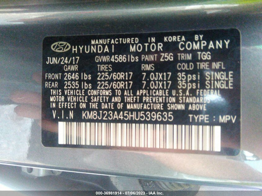 2017 HYUNDAI TUCSON SE - KM8J23A45HU539635