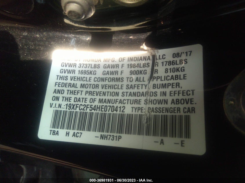 VIN 19XFC2F54HE070412 2017 HONDA CIVIC SEDAN LX