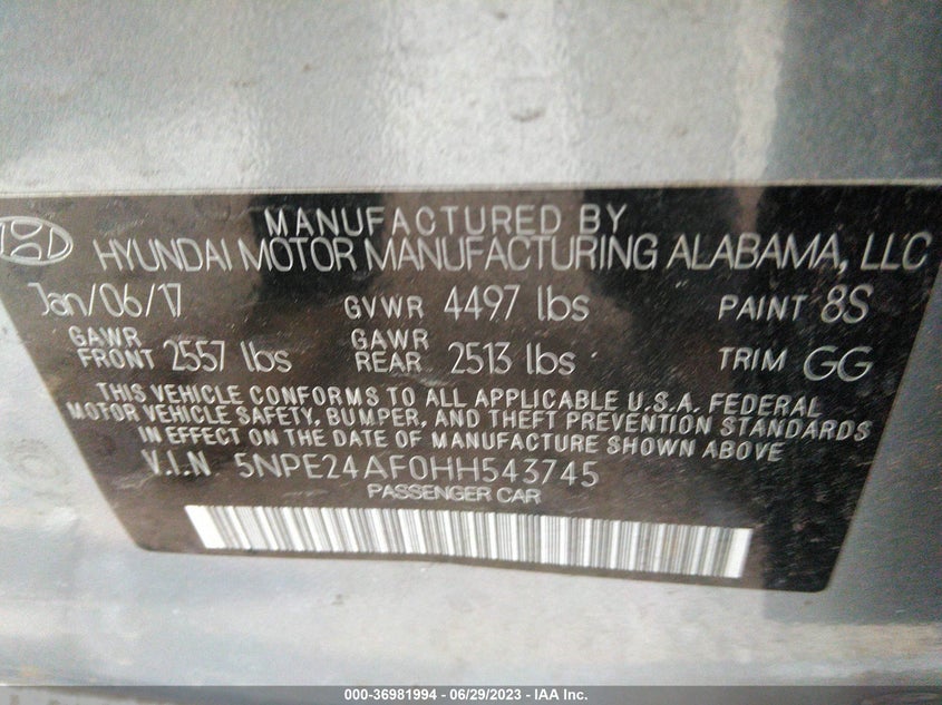 VIN 5NPE24AF0HH543745 2017 HYUNDAI SONATA SE
