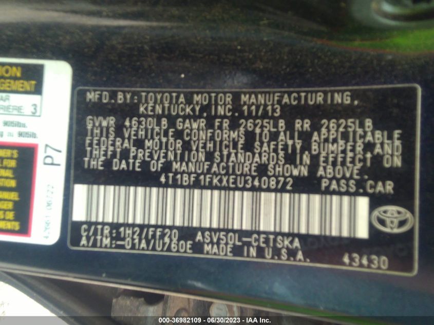 2014 TOYOTA CAMRY L/LE/XLE/SE/SE SPORT - 4T1BF1FKXEU340872