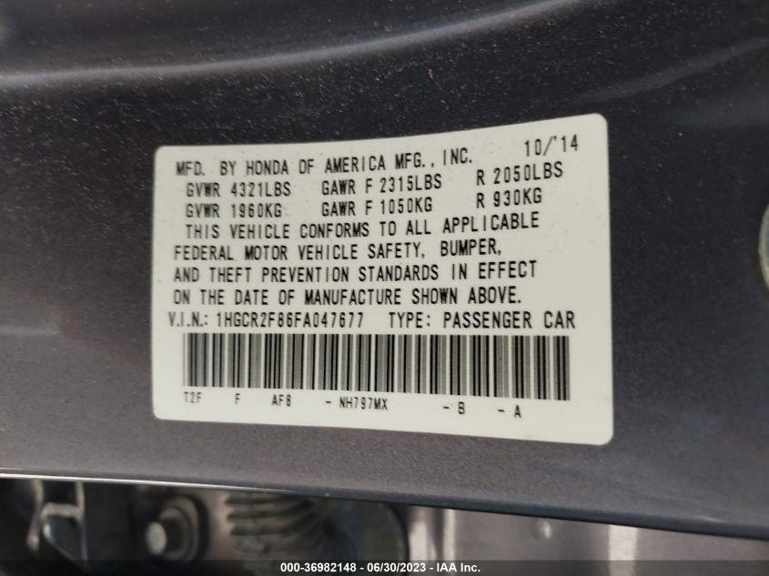 2015 HONDA ACCORD SEDAN EX-L - 1HGCR2F86FA047677